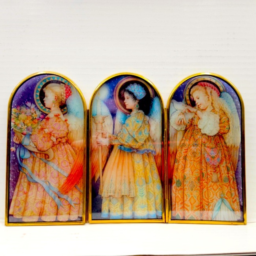 Vintage TriFold Triptych Enesco Brass Framed Glass Renaissance